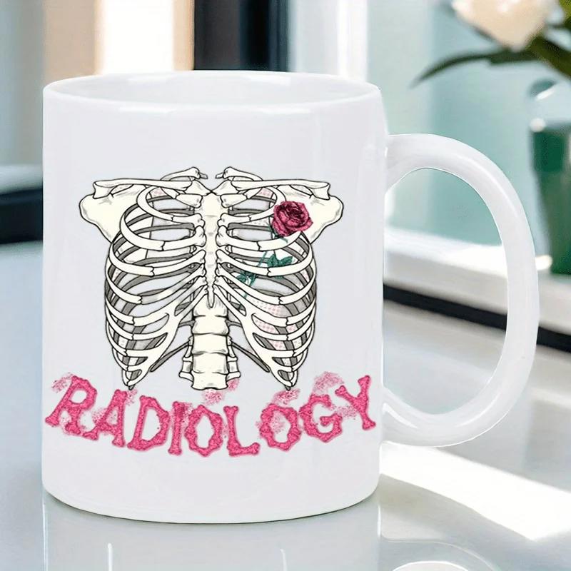 Tailorly White Ceramic 11 oz Mug - Radiology Detailed Human Skeleton Ribcage Featuring A Single Blooming Red Rose Skeleton