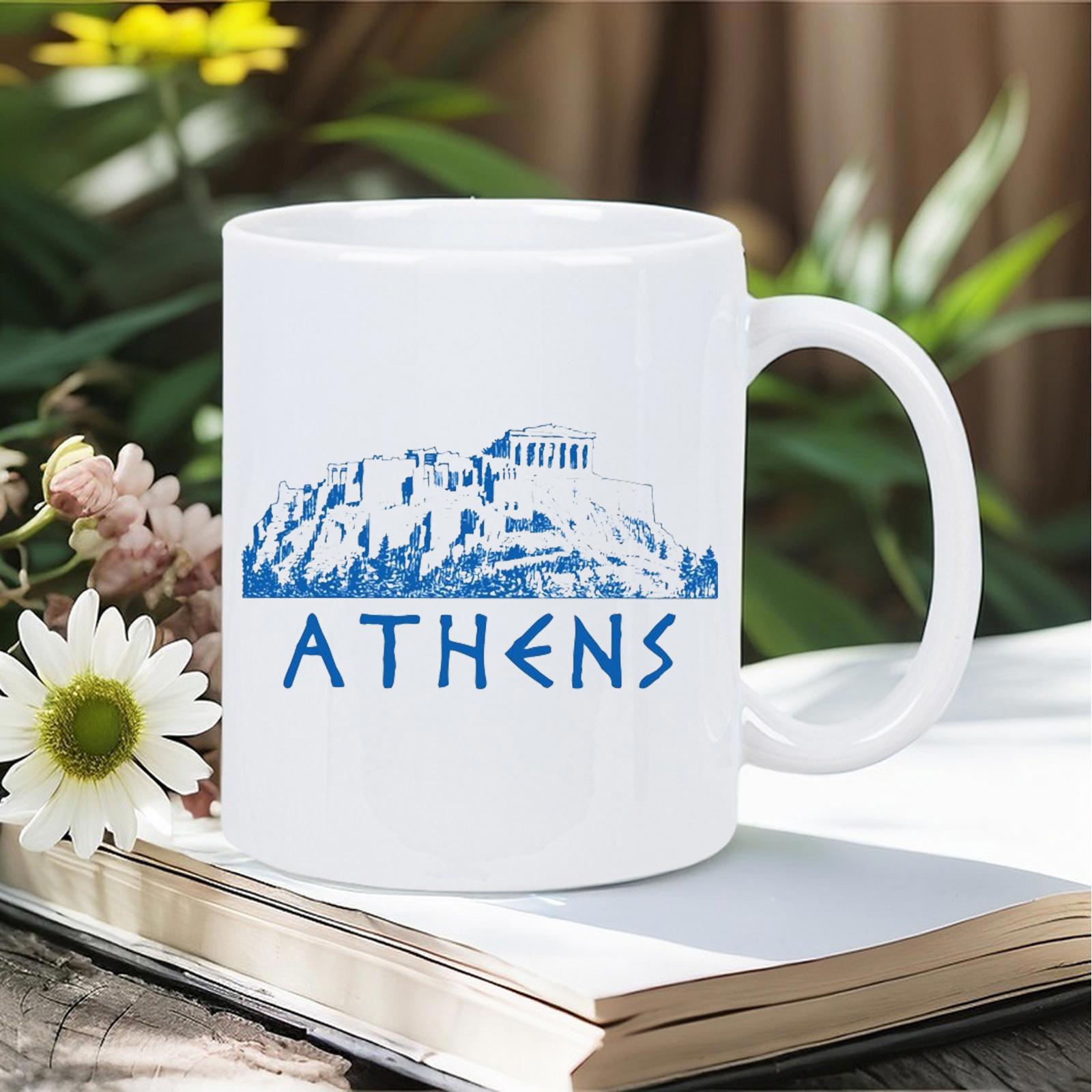 Tailorly White Ceramic 11 oz Mug - Athens Minimalist Blue Silhouette Of Ancient Temple Among Majestic Historical Ruins Landmark