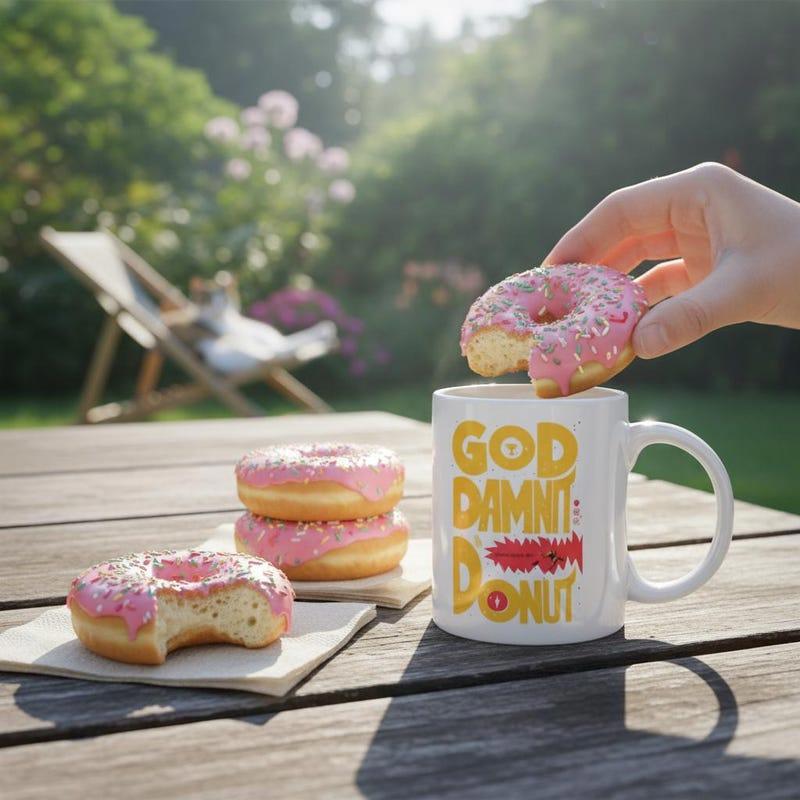 Tailorly White Ceramic 11 oz Mug - God Damn Donut Pink Frosted Delicious Pastries Resting On Table In Sunny Garden Donut