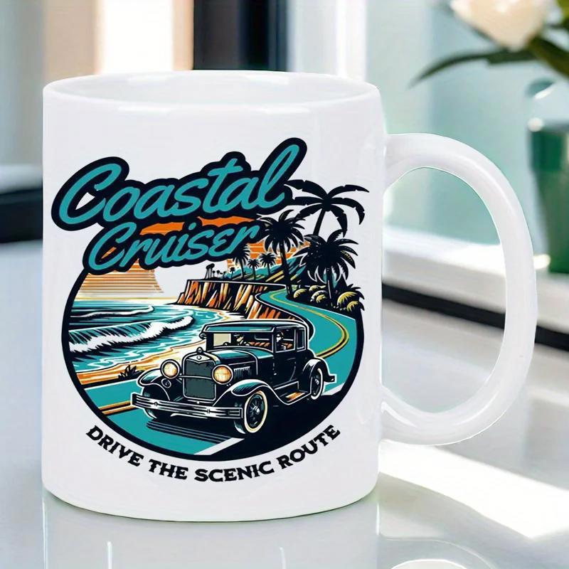 Tailorly White Ceramic 11 oz Mug - Coastal Cruiser Drive The Scenic Route Classic Vintage Car Driving Along A Tropical Scenic Coastal Road Car