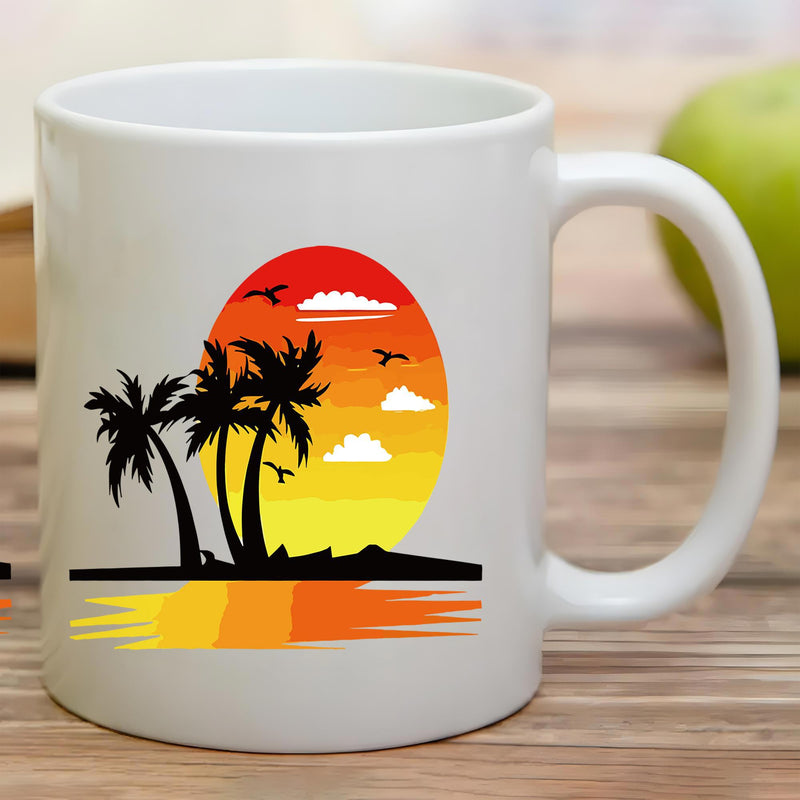Tailorly White Ceramic 11 oz Mug - Vibrant Retro Sunset Over Tropical Beach With Birds And Gentle Clouds Palm Tree