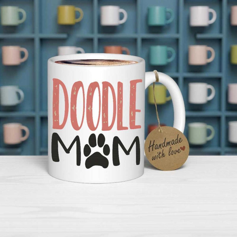 Tailorly White Ceramic 11 oz Mug - Doodle Mom Vibrant Text Graphic Design Featuring A Stylized Artistic Handcrafted Pet Theme Paw Print
