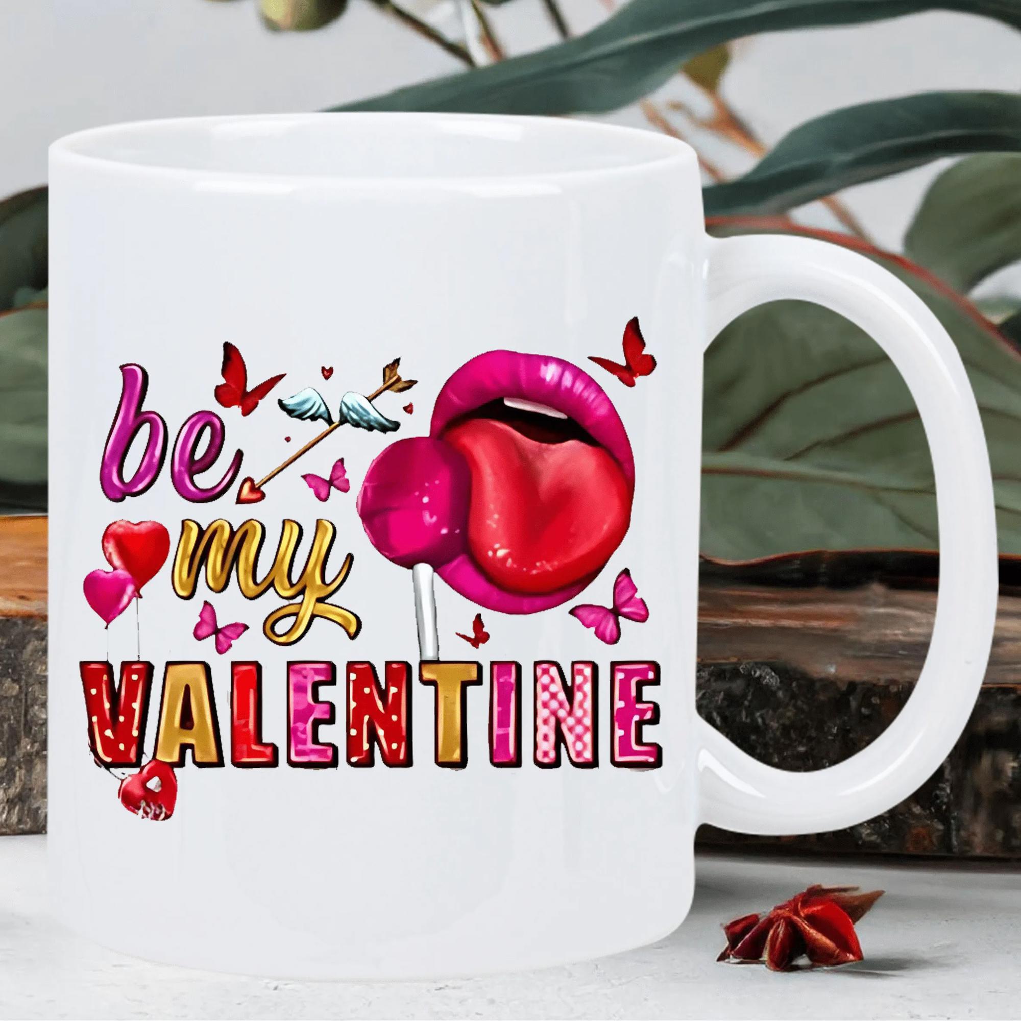 Tailorly White Ceramic 11 oz Mug - Be My Valentine Vibrant Red Lips Licking A Sweet Heart Shaped Lollipop With Butterflies Lips
