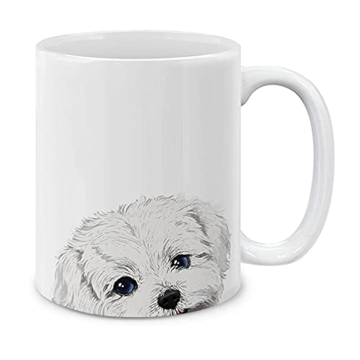 Tailorly White Ceramic 11 oz Mug - Adorable Fluffy White Puppy Peering Up With Innocent Curious Dark Eyes Dog