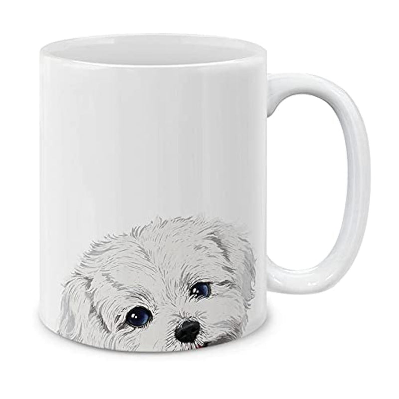 Tailorly White Ceramic 11 oz Mug - Adorable Fluffy White Puppy Peering Up With Innocent Curious Dark Eyes Dog