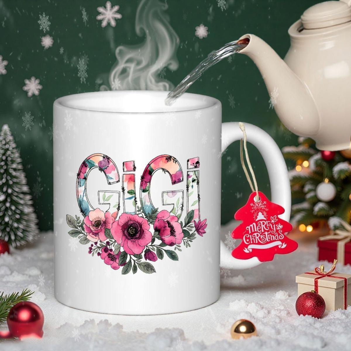 Tailorly White Ceramic 11 oz Mug - Gigi Floral Design With Pink Poppies And Decorative Artistic Letters On