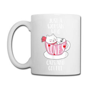 Tailorly White Ceramic 11 oz Mug - Just A Woman Who Loves Cats And Coffee Adorable White Kitten Wearing A Red Scarf Inside Pink Heart Coffee Cup Cat