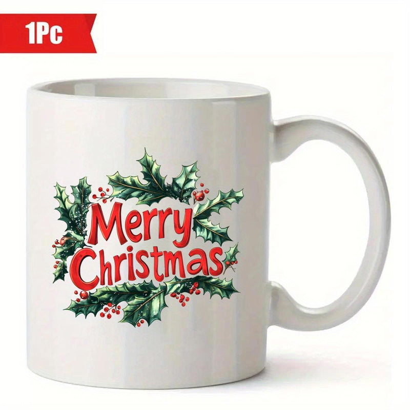 Tailorly White Ceramic 11 oz Mug - Merry Christmas Festive Green Holly Leaves With Vibrant Red Berries Decorative Wreath