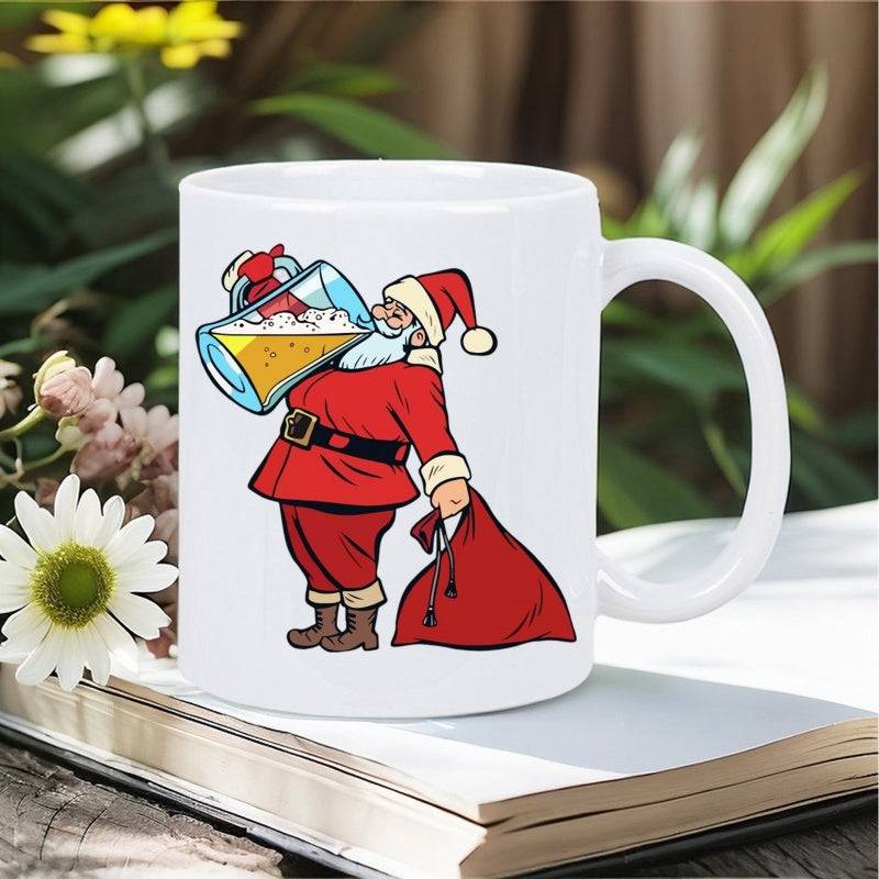 Tailorly White Ceramic 11 oz Mug - Jovial Festive Figure Holding Red Sack Drinking Large Beer Mug Santa
