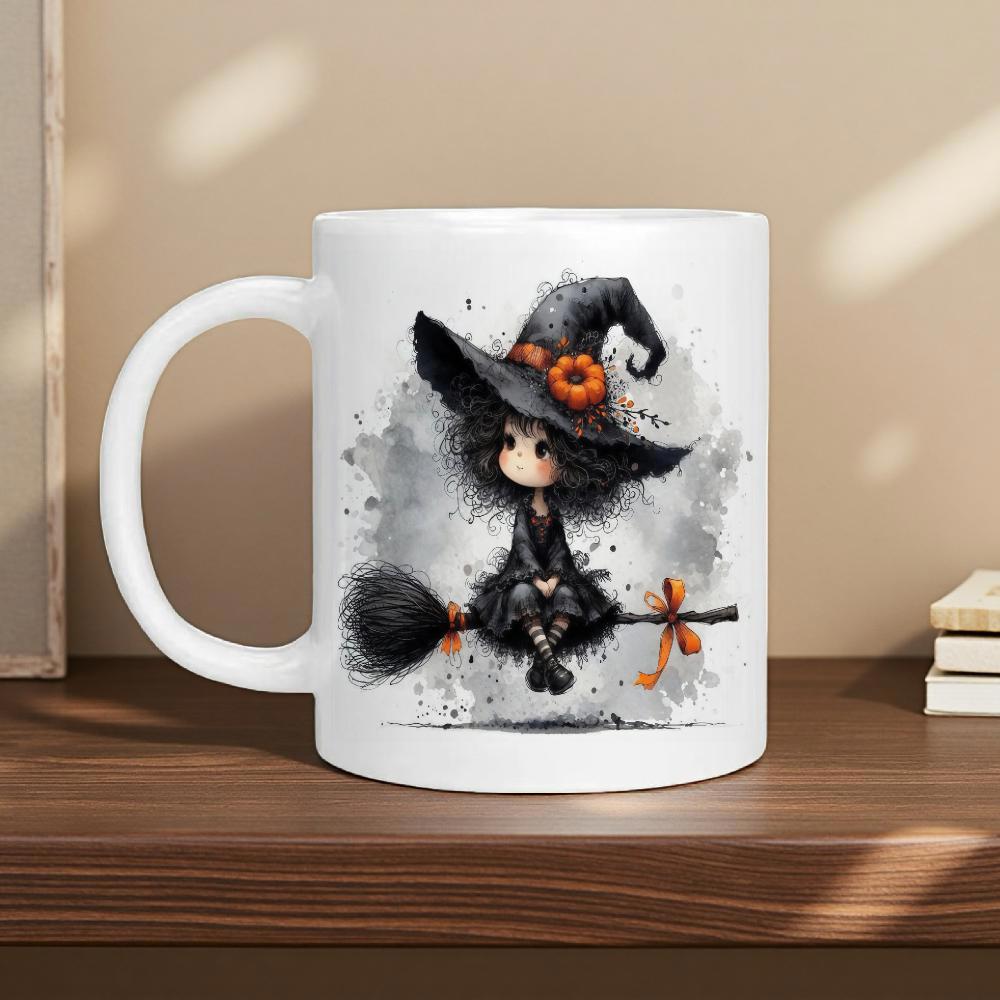 Tailorly White Ceramic 11 oz Mug - Adorable Little Gothic Girl Riding A Flying Broomstick With Orange Pumpkin Witch