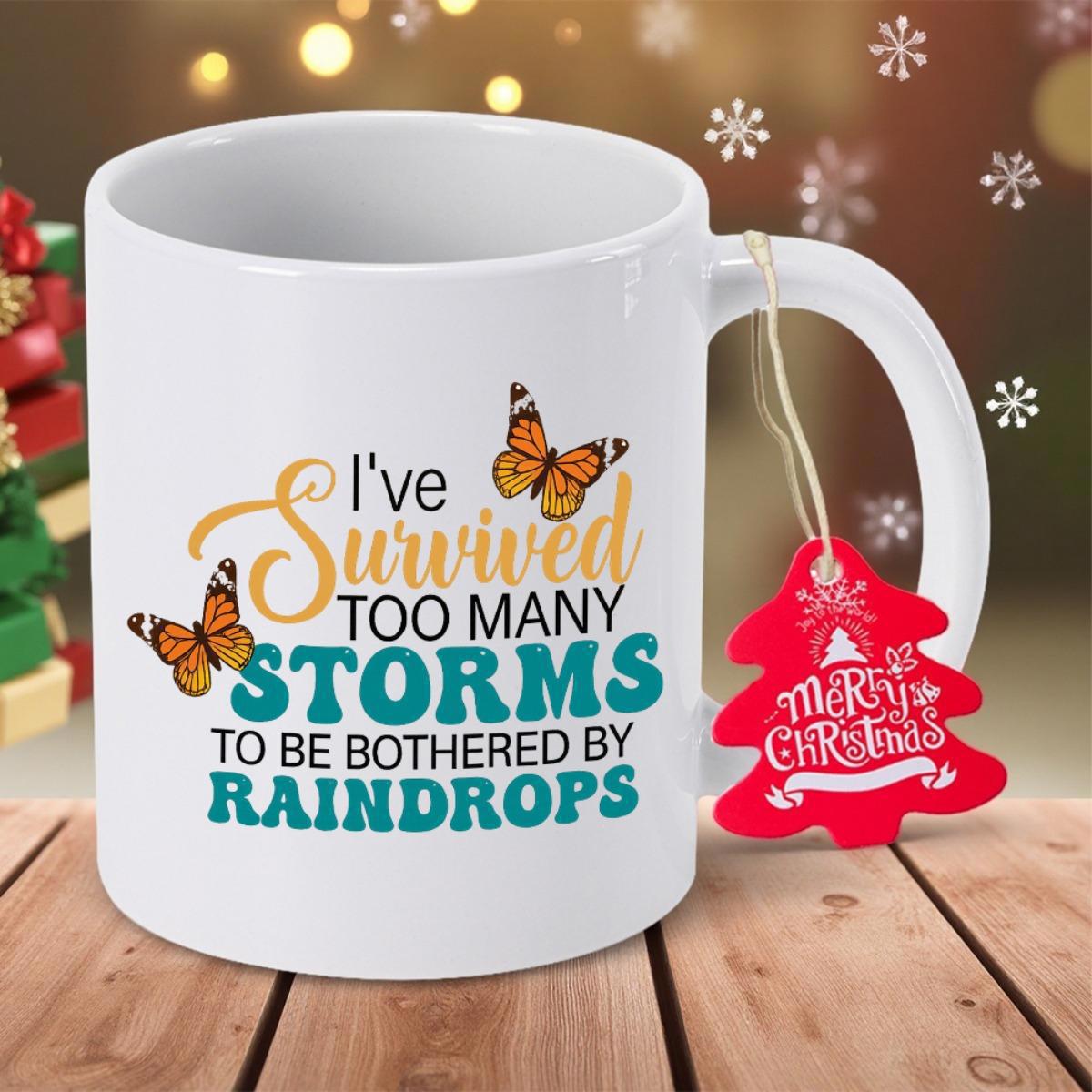 Tailorly White Ceramic 11 oz Mug - Ive Survived Too Many Storms To Be Bothered By Raindrops Beautiful Orange Monarch Butterflies Hovering Near Bold Teal