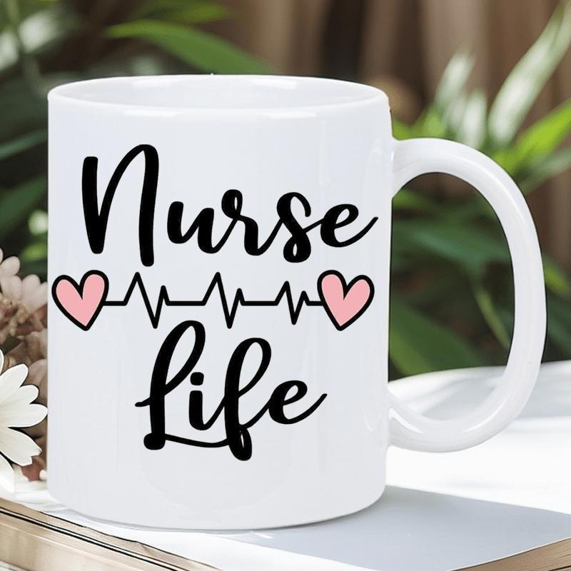Tailorly White Ceramic 11 oz Mug - Nurse Life Minimalist Heartbeat Line Featuring Two Small Pink Hearts In Script Style Heartbeat