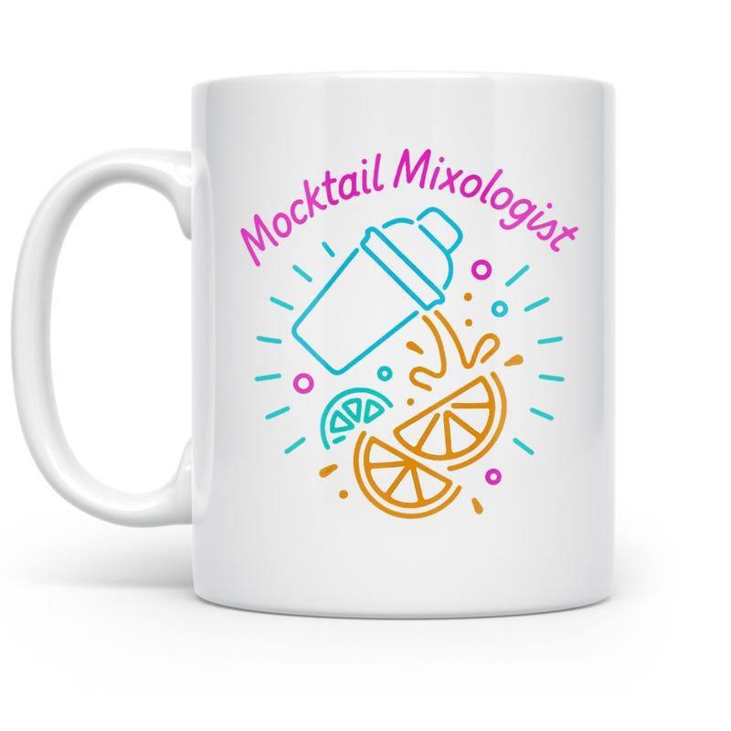 Tailorly White Ceramic 11 oz Mug - Mocktail Mixologist Colorful Line Art Pouring Liquid With Slices Of Fresh Squeezed Citrus Shaker
