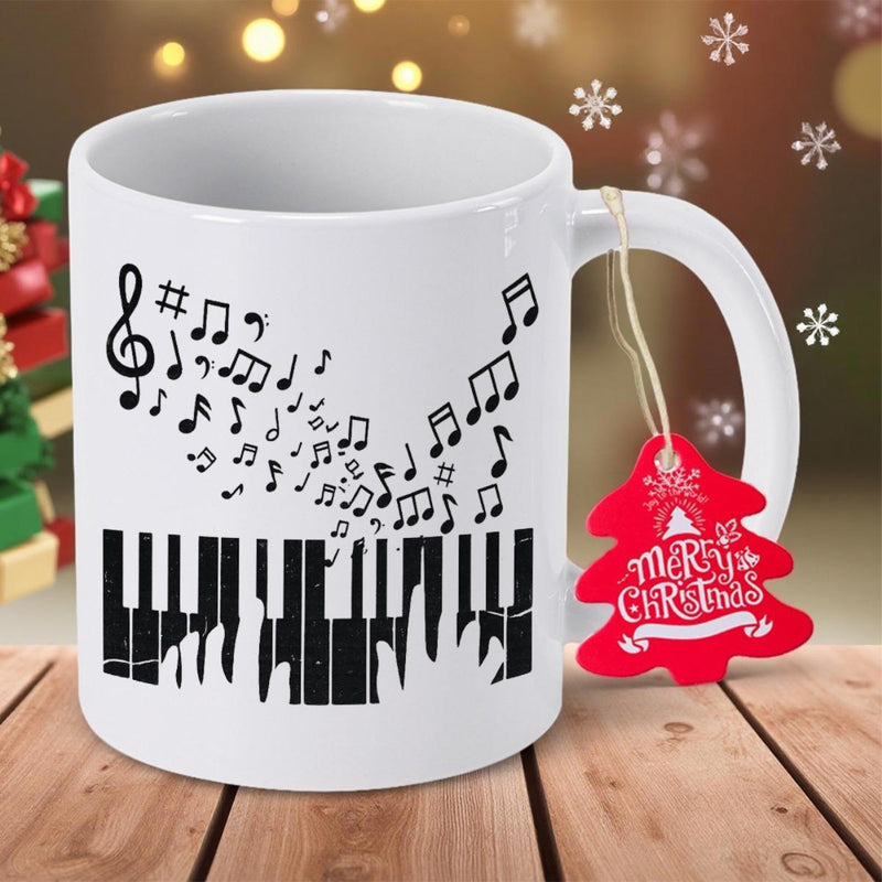 Tailorly White Ceramic 11 oz Mug - Merry Christmas Artistic Black Musical Notes Floating Above Melting Style Piano Keys Piano