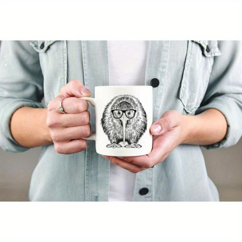 Tailorly White Ceramic 11 oz Mug - Hand Drawn Sketch Of A Quirky Bird Wearing Thick Black Rimmed Glasses Kiwi Bird