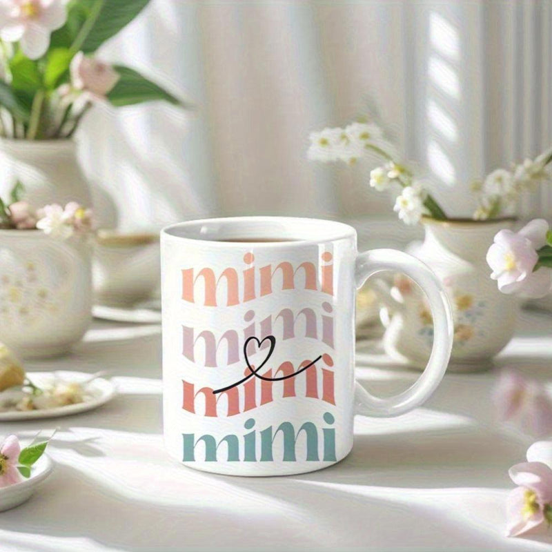 Tailorly White Ceramic 11 oz Mug - Mimi Retro Wavy Pastel Text Featuring A Delicate Heart Line Mug