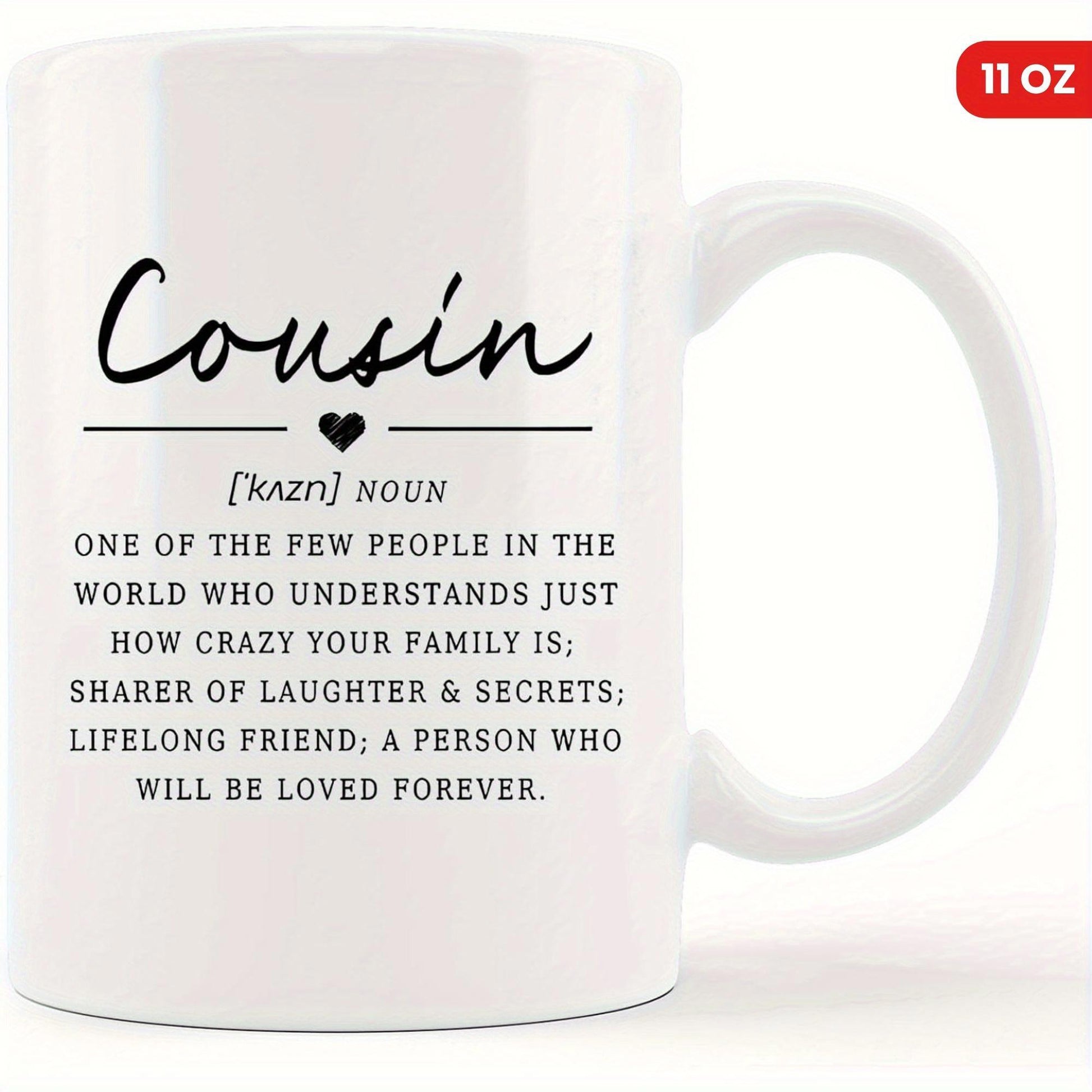 Tailorly White Ceramic 11 oz Mug - Cousin Elegant Minimalist White Ceramic With Handwritten Script And Small Heart Mug