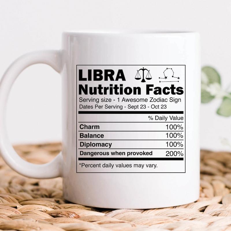 Tailorly White Ceramic 11 oz Mug - Libra Nutrition Facts Black Rectangular Astrological Chart Printed On A Smooth