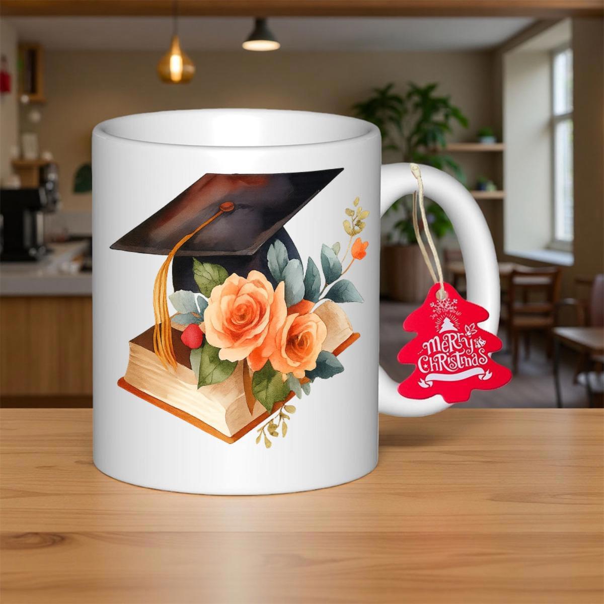 Tailorly White Ceramic 11 oz Mug - Merry Christmas Elegant Orange Roses Resting Upon An Old Antique Academic Book Graduation Cap