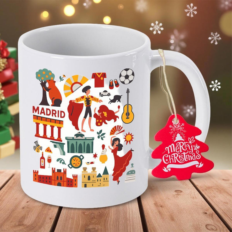 Tailorly White Ceramic 11 oz Mug - Madrid Colorful Spanish Culture Icons With Traditional Dancer And Majestic Bull Mug