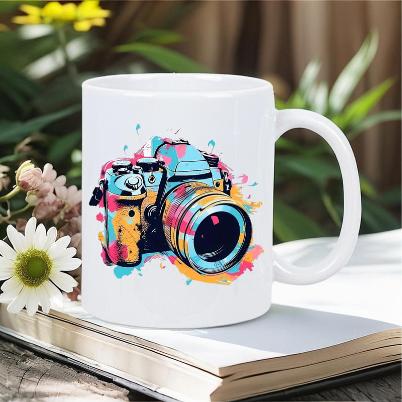 Tailorly White Ceramic 11 oz Mug - Vibrant Artistic Colorful Paint Splatter Effect Professional Photography Device Camera