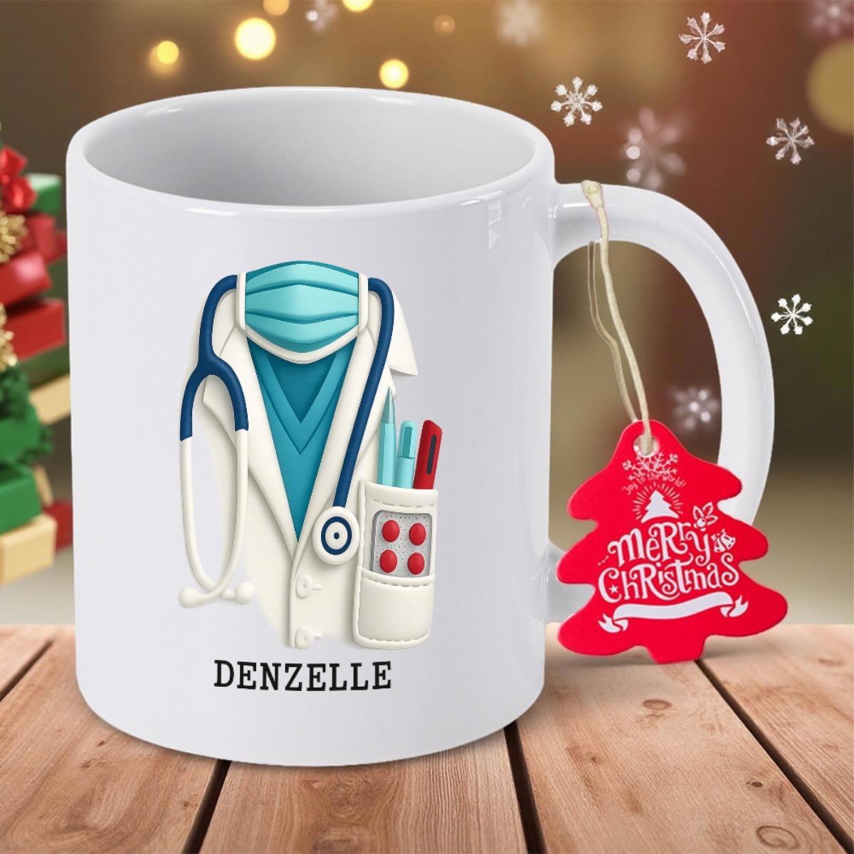 Tailorly White Ceramic 11 oz Mug - Denzelle Professional Medical Uniform Featuring Stethoscope And Protective Face Mask Doctor