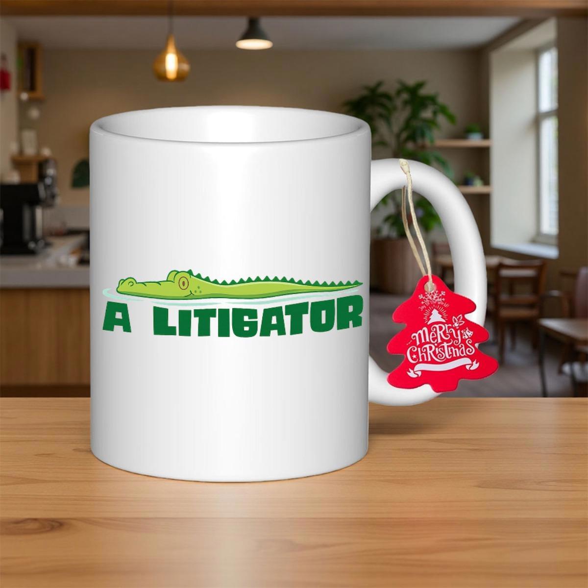 Tailorly White Ceramic 11 oz Mug - A Litigator Long Green Cartoon Alligator Lying On Top Of Bold Block Text Alligator
