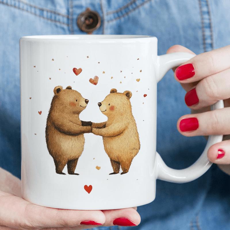Tailorly White Ceramic 11 oz Mug - Two Cute Watercolor Bears Holding Hands Surrounded By Floating Red Hearts Bear