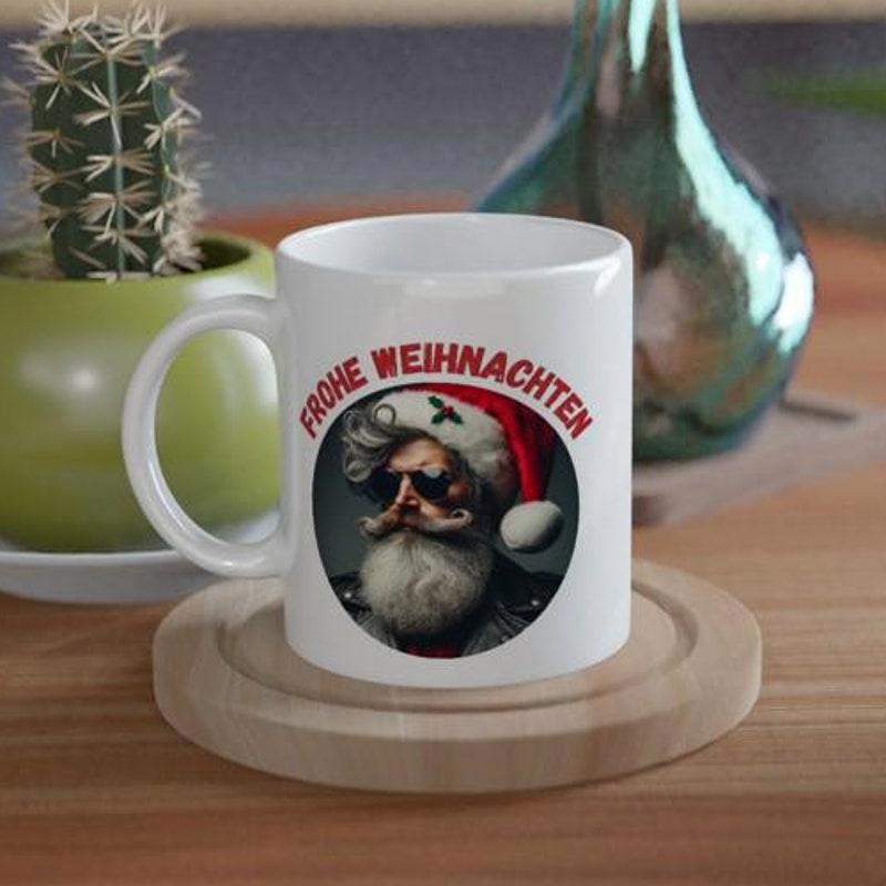 Tailorly White Ceramic 11 oz Mug - Cool Bearded Figure Wearing Dark Sunglasses And Traditional Red Hat Santa Claus