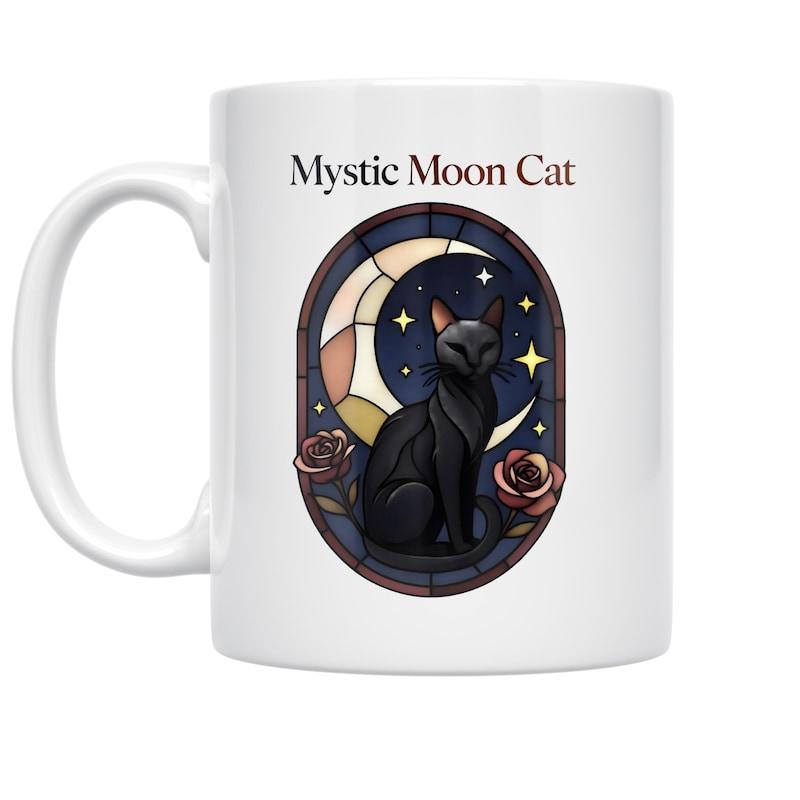 Tailorly White Ceramic 11 oz Mug - Mystic Moon Cat Elegant Silhouette Resting Within Stained Glass Framed Night Scene Cat
