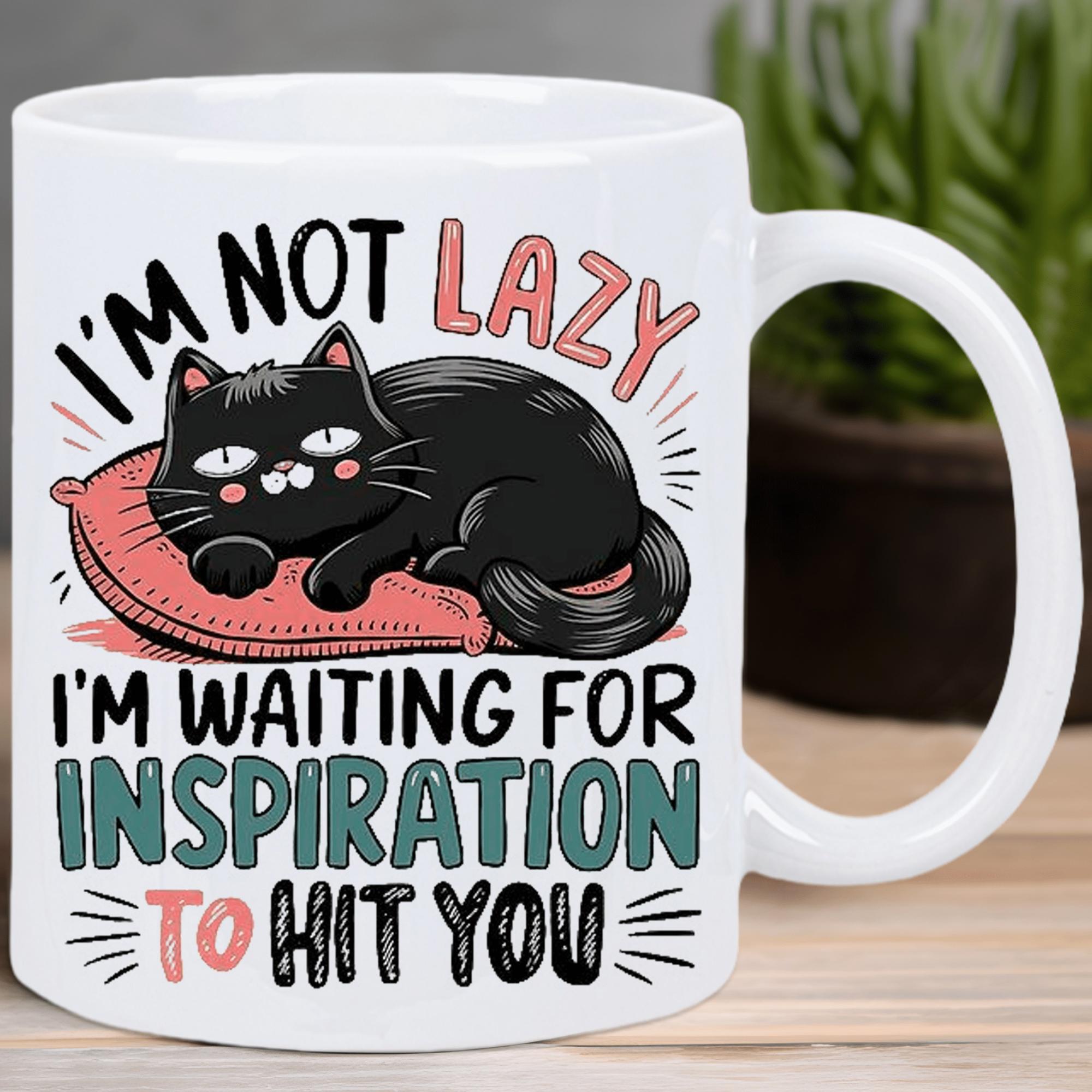 Tailorly White Ceramic 11 oz Mug - Im Not Lazy Im Waiting For Inspiration To Hit You Cute Chubby Black Cat Resting On A Soft Pink Cushion Cat