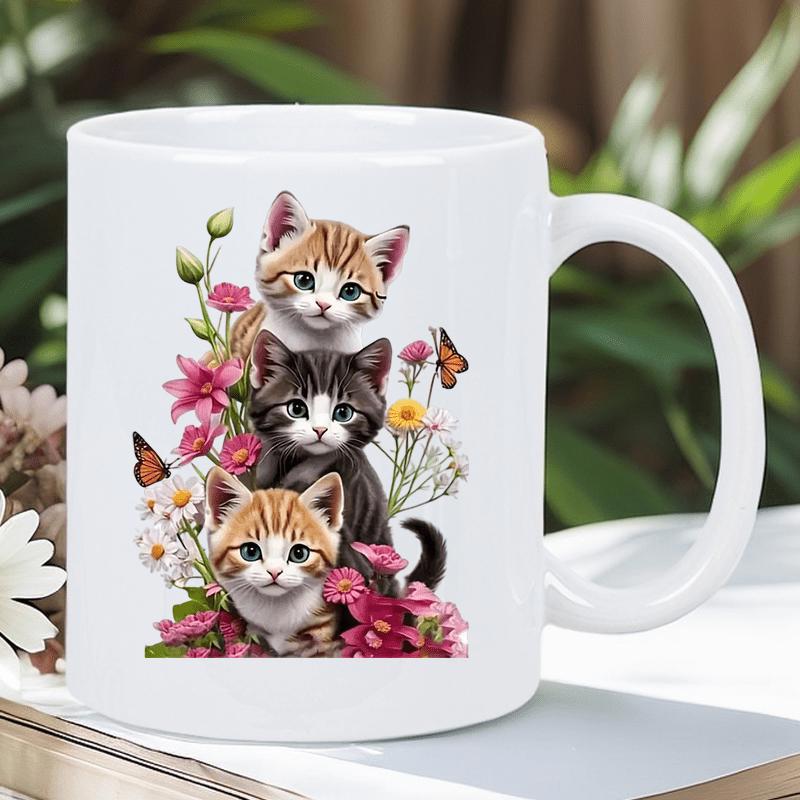 Tailorly White Ceramic 11 oz Mug - Three Adorable Kittens Sitting Among Colorful Spring Flowers And Flying Butterflies Cat