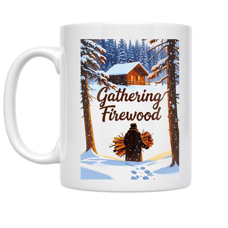 Tailorly White Ceramic 11 oz Mug - Gathering Firewood Cozy Wooden Cabin Nestled Among Snowy Pine Trees In Winter Wilderness Cabin