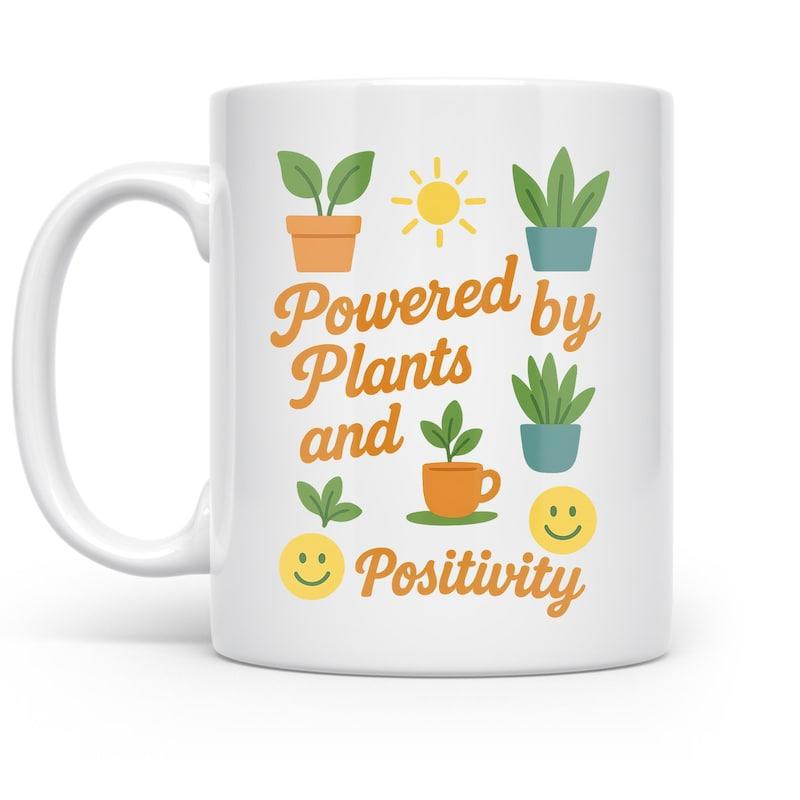 Tailorly White Ceramic 11 oz Mug - Powered By Plants And Positivity Lush Green Succulents Growing In Colorful Pots Under Sun Plant