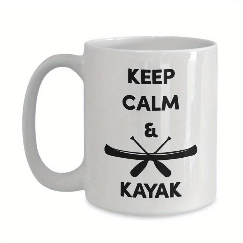 Tailorly White Ceramic 11 oz Mug - Keep Calm Kayak Minimalist Black Silhouette Of Crossed Oars Over A Simple Floating Kayak