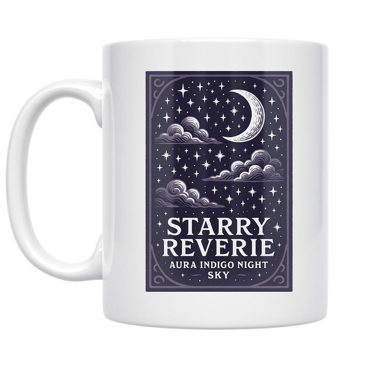 Tailorly White Ceramic 11 oz Mug - Starry Reverie Aura Indigo Night Sky Luminous Crescent Moon Among Soft Clouds And Countless Twinkling Glittering Stars Moon