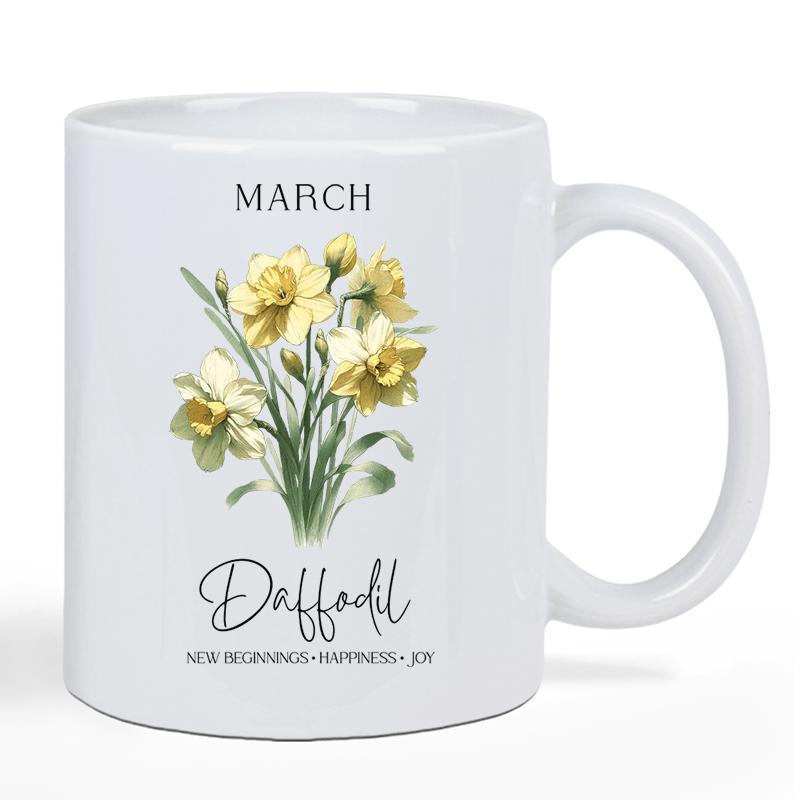 Tailorly White Ceramic 11 oz Mug - March Daffodil New Beginnings Happiness Joy Elegant Bouquet Of Yellow Spring Flowers With Green Stems Daffodil