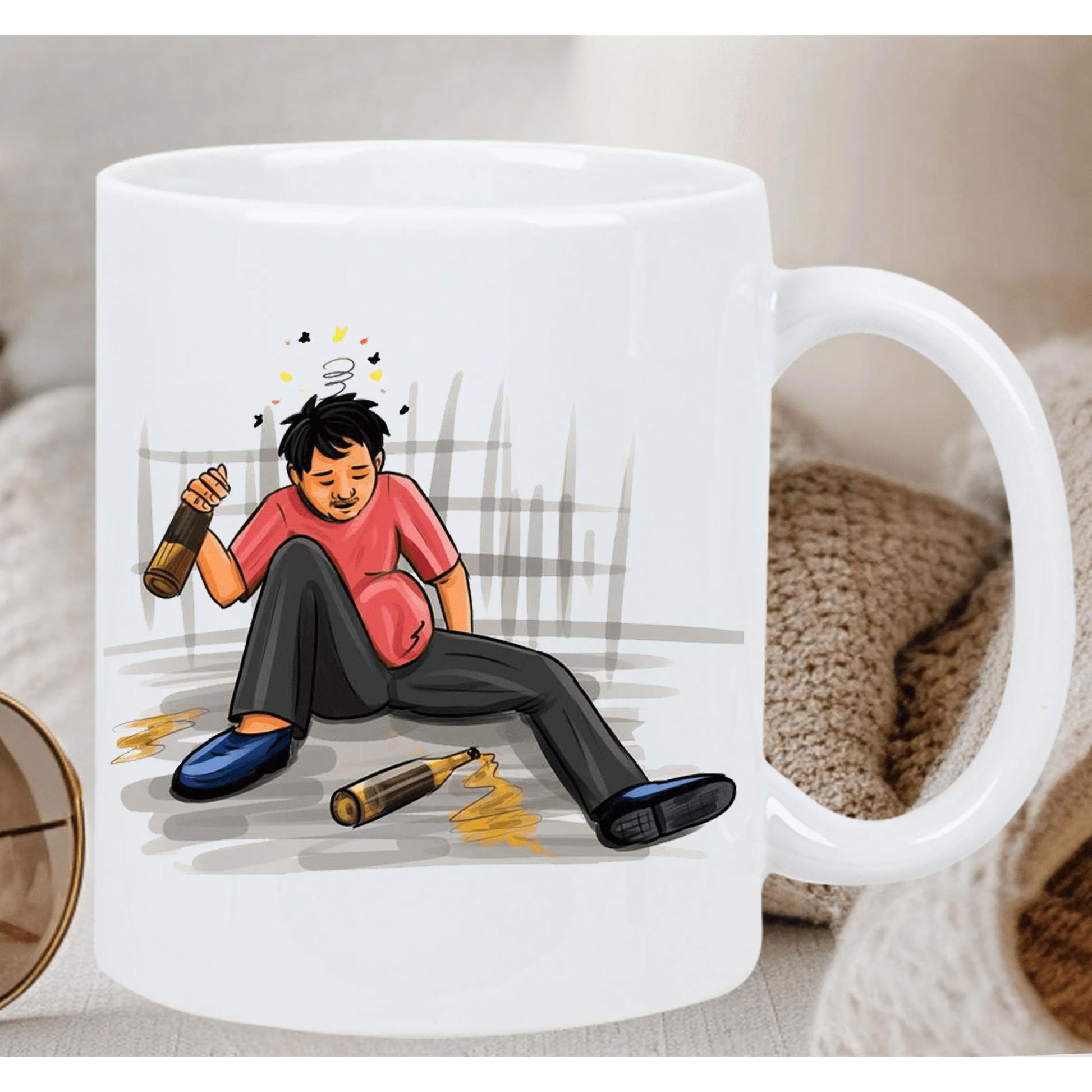 Tailorly White Ceramic 11 oz Mug - Cartoon Style Drunk Man Holding Beer Bottles While Sitting On Ground Man