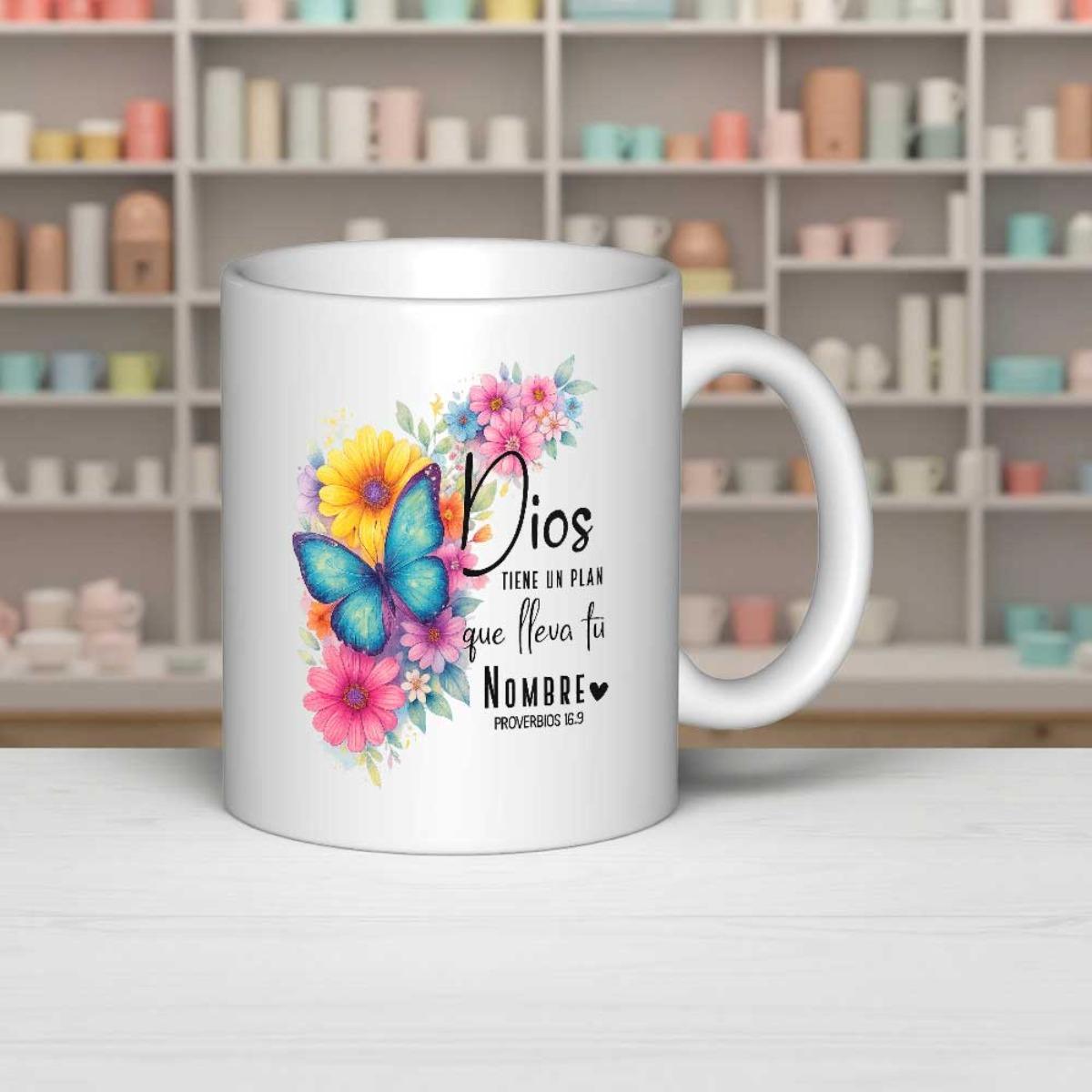 Tailorly White Ceramic 11 oz Mug - Elegant Blue Butterfly Surrounded By Pink And Yellow Watercolor Flowers Butterfly