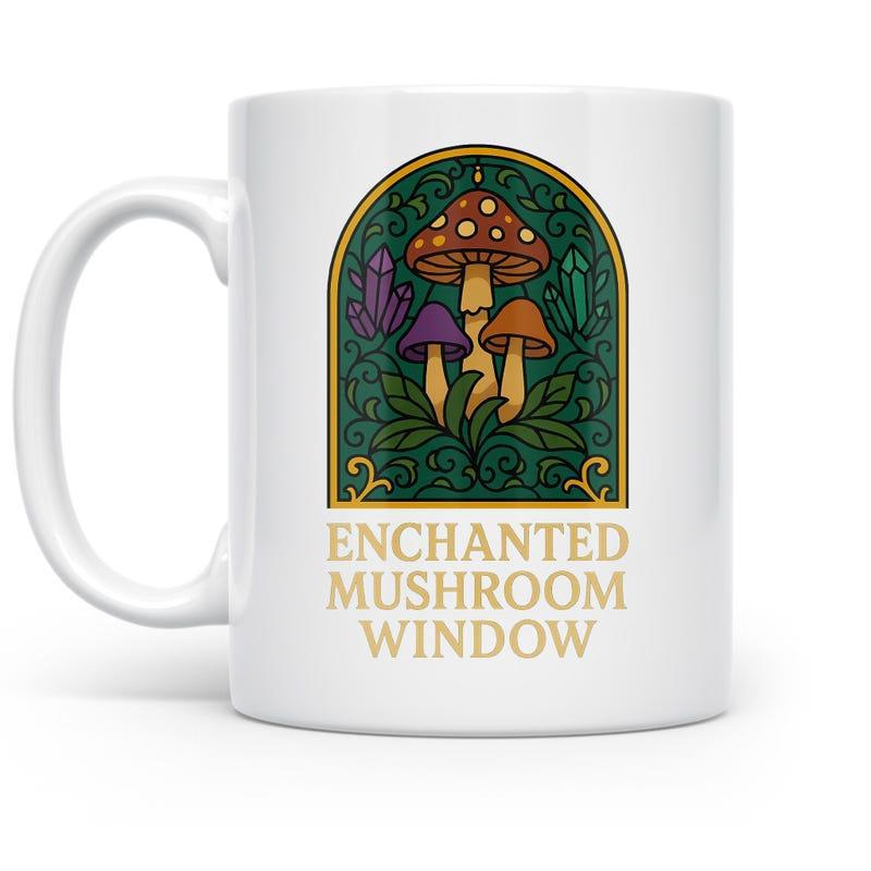 Tailorly White Ceramic 11 oz Mug - Enchanted Mushroom Window Vintage Stained Glass Frame With Magical Crystals And Colorful Mushroom