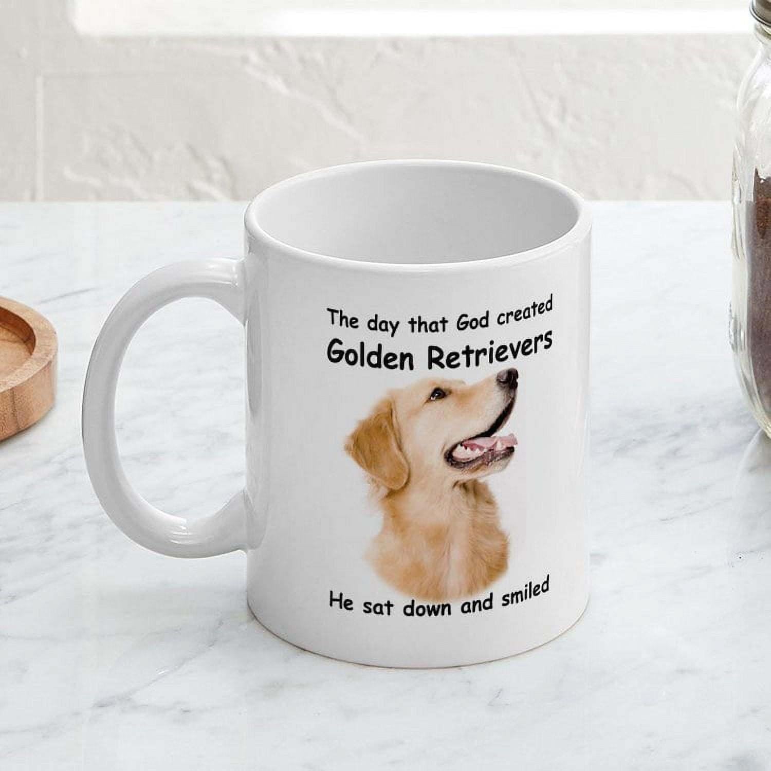 Tailorly White Ceramic 11 oz Mug - The Day That God Created Golden Retrievers He Sat Down And Smiled Detailed Portrait Of Smiling Dog Among Clear White Space