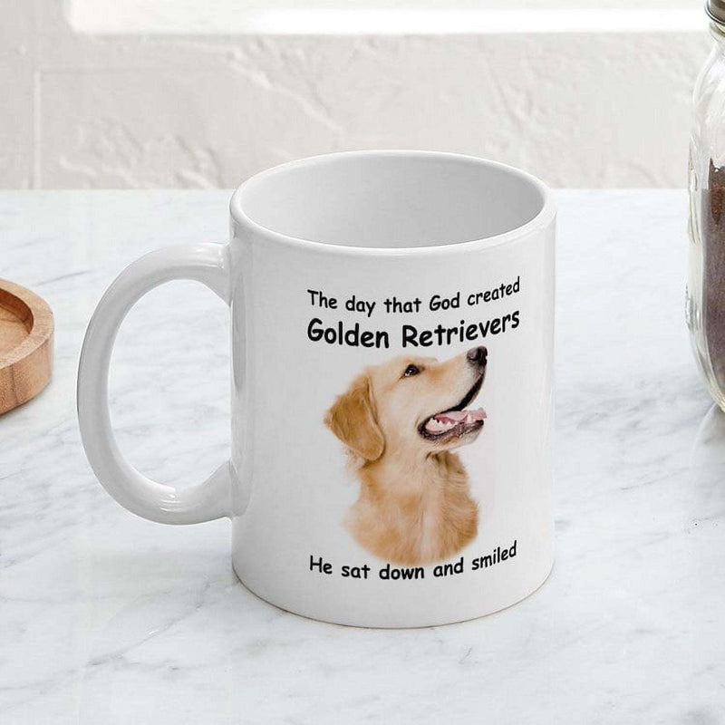 Tailorly White Ceramic 11 oz Mug - The Day That God Created Golden Retrievers He Sat Down And Smiled Detailed Portrait Of Smiling Dog Among Clear White Space