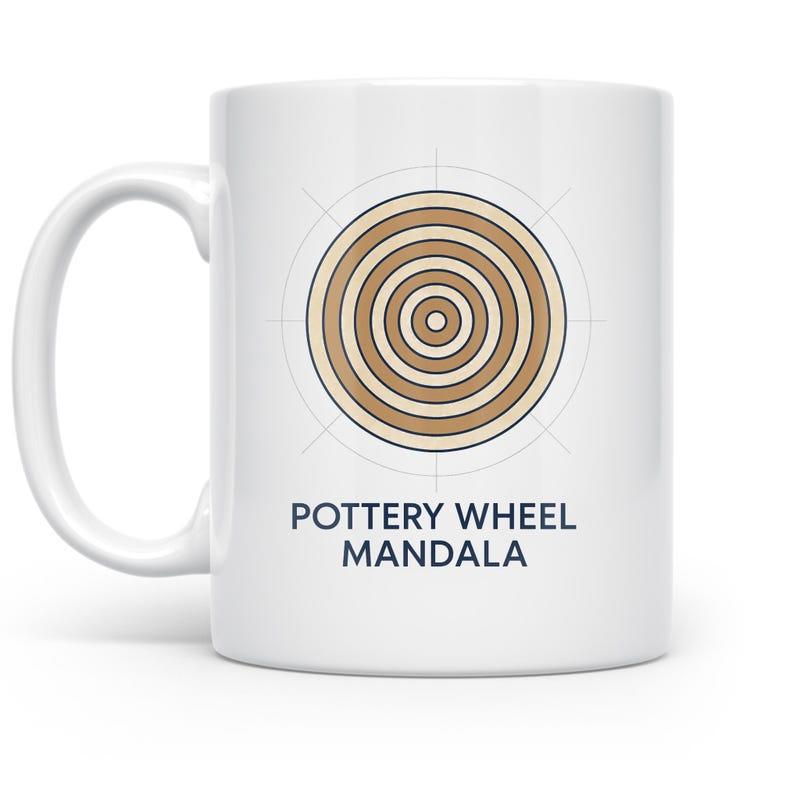 Tailorly White Ceramic 11 oz Mug - Pottery Wheel Mandala Earthy Toned Concentric Circles Forming A Traditional Ceramic Artist Mandala
