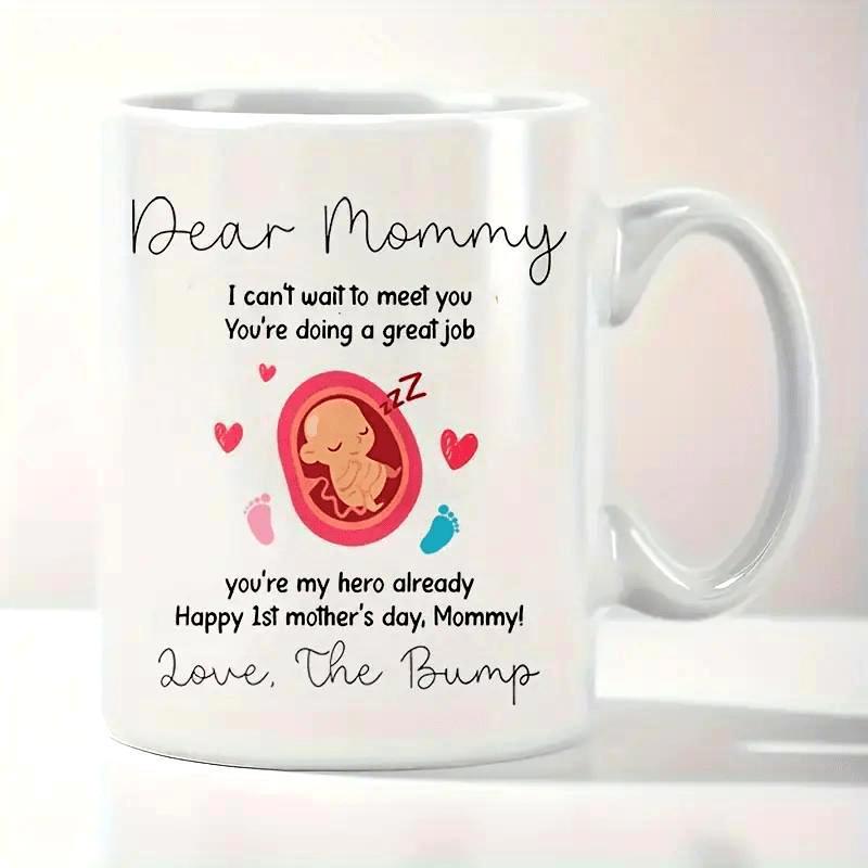 Tailorly White Ceramic 11 oz Mug - Dear Mommy Love The Bump Adorable Unborn Baby Resting Inside A Heartfelt Womb Surrounded By Tiny Footprints Fetus