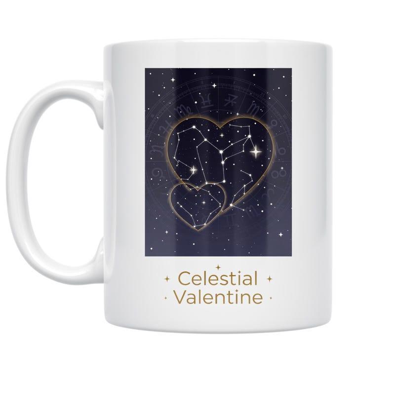 Tailorly White Ceramic 11 oz Mug - Celestial Valentine Deep Blue Night Sky With Glowing Starry Heart Constellations Heart