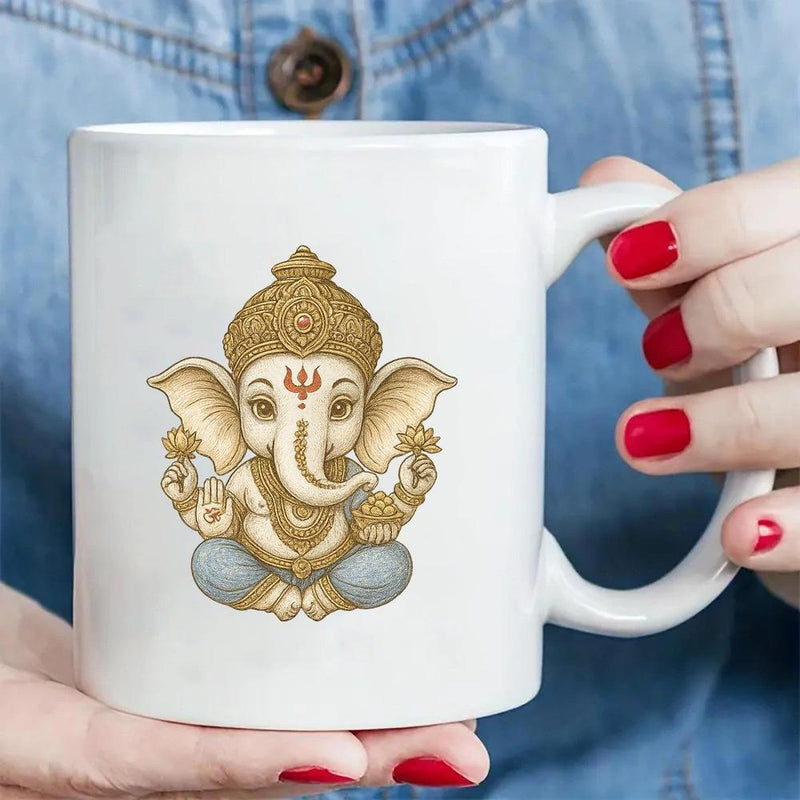 Tailorly White Ceramic 11 oz Mug - Ornate Golden Meditating Deity Elephant With Traditional Crown In Lotus Position Ganesha