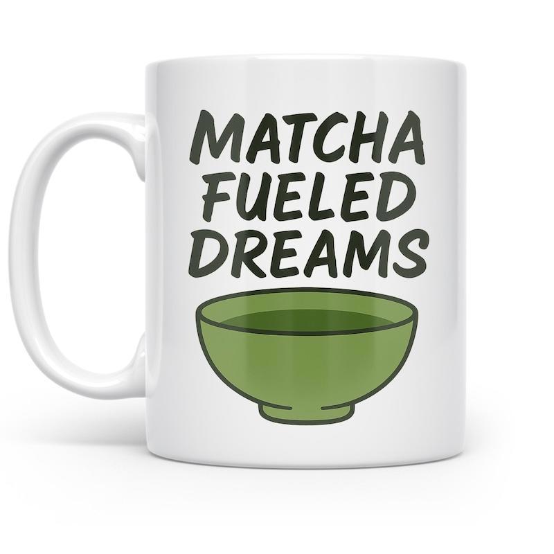 Tailorly White Ceramic 11 oz Mug - Matcha Fueled Dreams Minimalist Green Tea Bowl Filled With Vibrant Healthy Matcha Liquid Mug