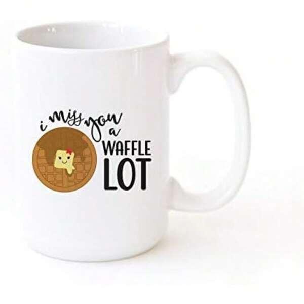 Tailorly White Ceramic 11 oz Mug - I Miss You A Waffle Lot Fresh Round Brown Grid Texture With Melting Yellow Butter Waffle