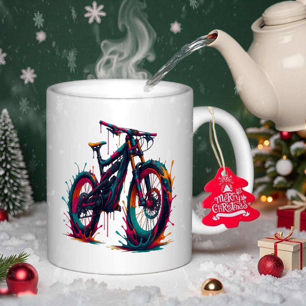 Tailorly White Ceramic 11 oz Mug - Merry Christmas Artistic Paint Splatter Design With Vibrant Colors On An Energetic Mountain Bicycle