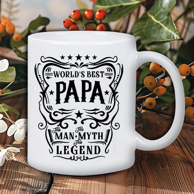 Tailorly White Ceramic 11 oz Mug - World's Best Papa The Man The Myth The Legend Vintage Style Filigree Frame With Bold Lettering And Decorative Stars Sign